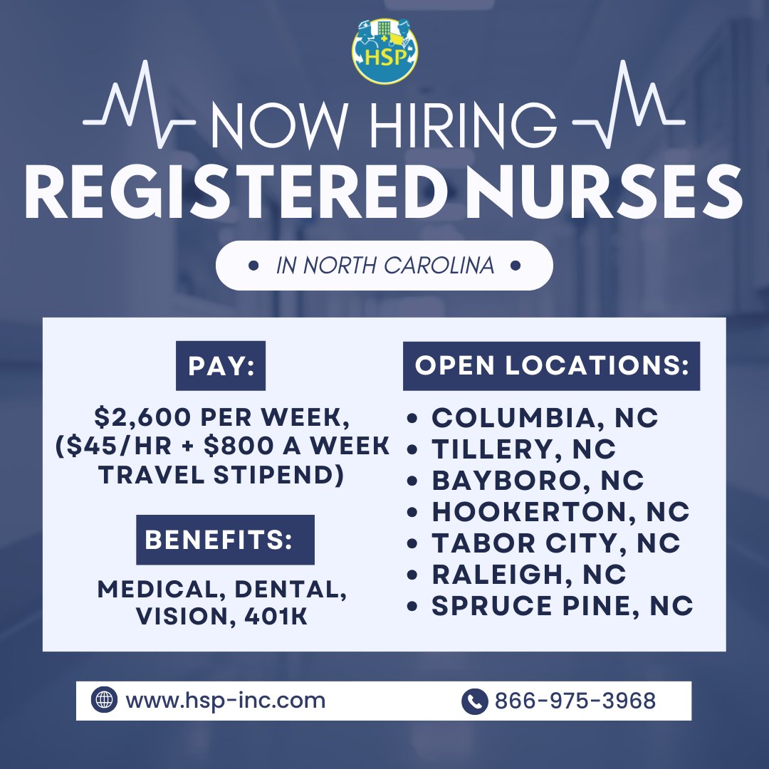 🏥 Calling all RN's! We have multiple positions open across NC with a weekly pay of $2,600 ($45/hr + $800 travel stipend) and comprehensive benefits included. 🌟 Apply today by calling us or sending your resume to apply@hsp-inc.com. #RNJobs #ApplyNow #NCJobs