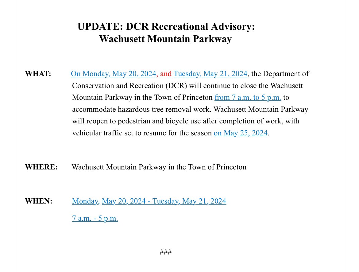 We have issued the following updated advisory closing Wachusett Mountain Parkway to cyclists and pedestrians to complete hazard tree work: