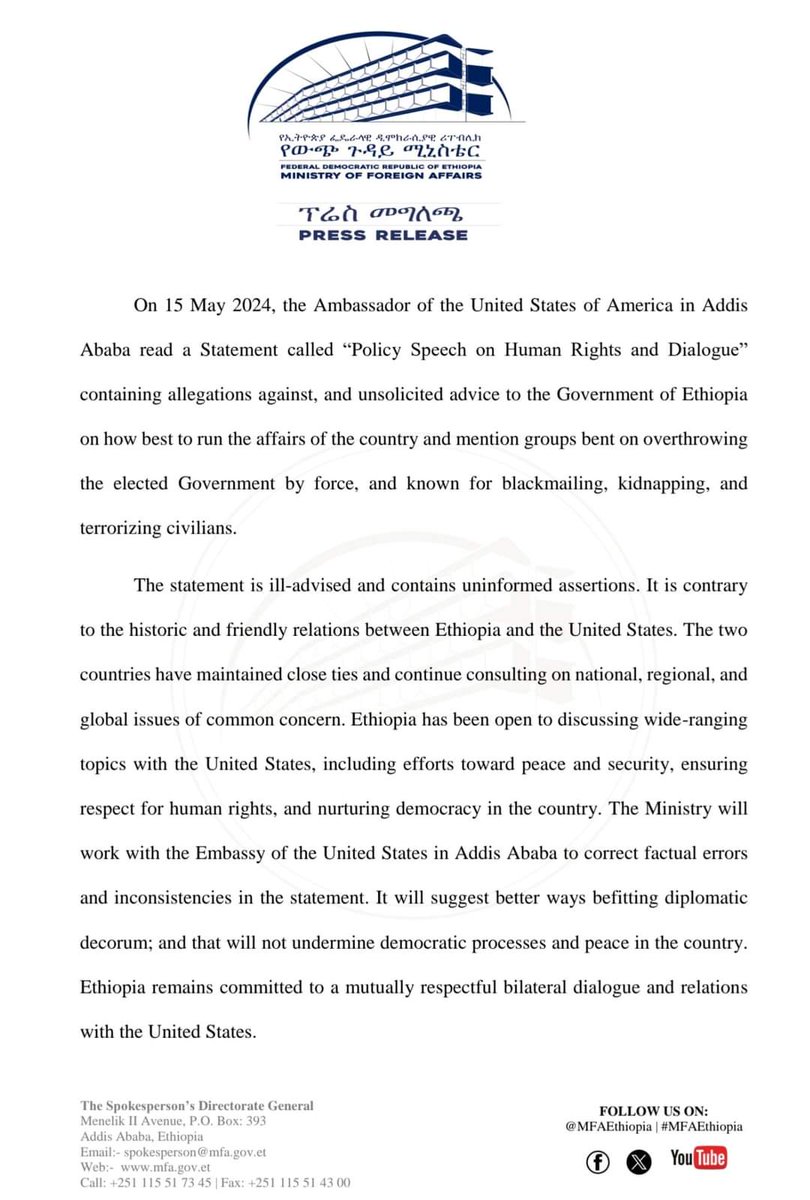 Press Release! @USEmbassyAddis @MikeHammerUSA