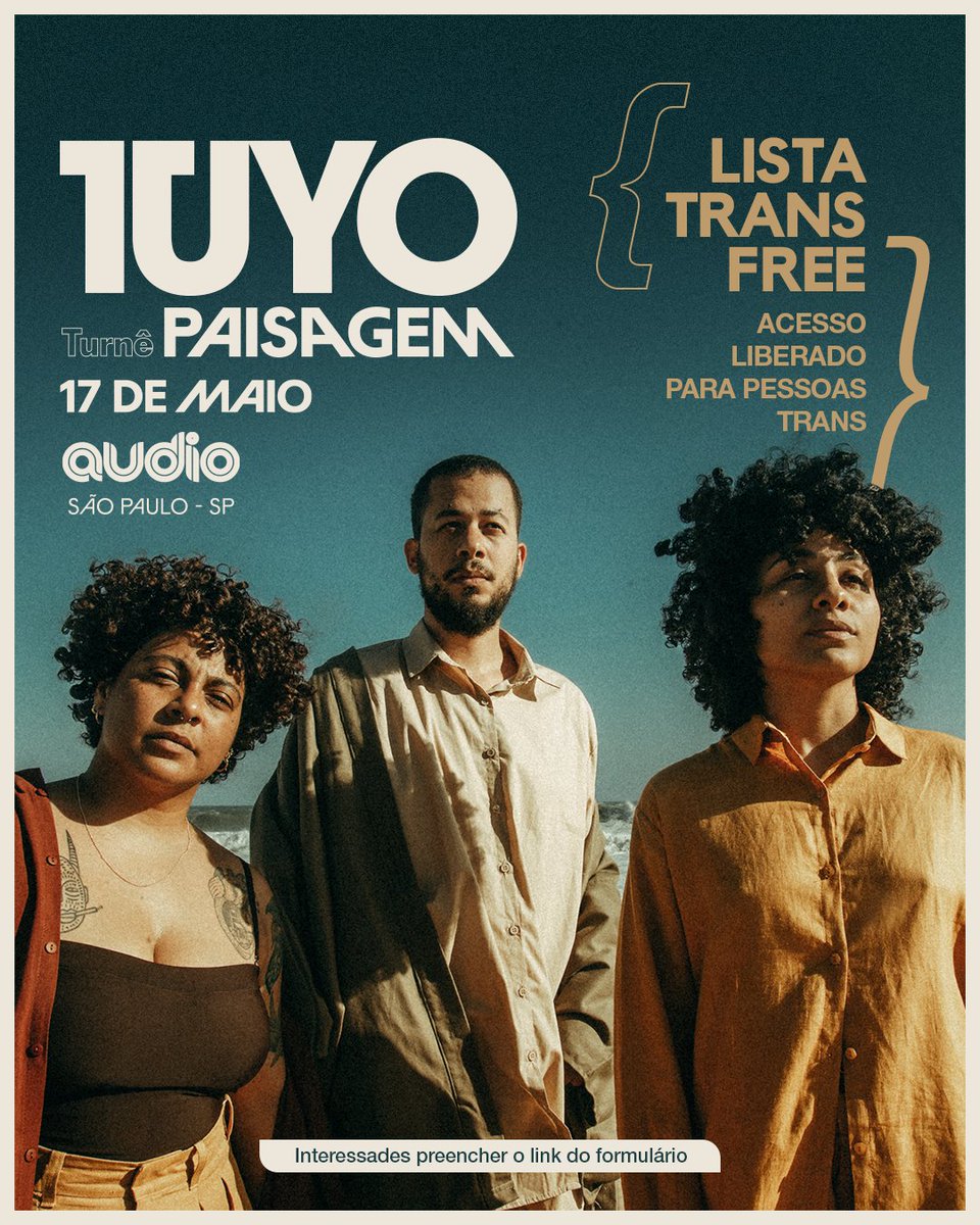 LISTA TRANS FREE 🏳️‍⚧️ Turnê Paisagem na Audio 17/05 Acesso liberado para pessoas trans. É só preencher o formulário (link no tweet a seguir) e a gente se encontra amanhã na Audio! 🩵