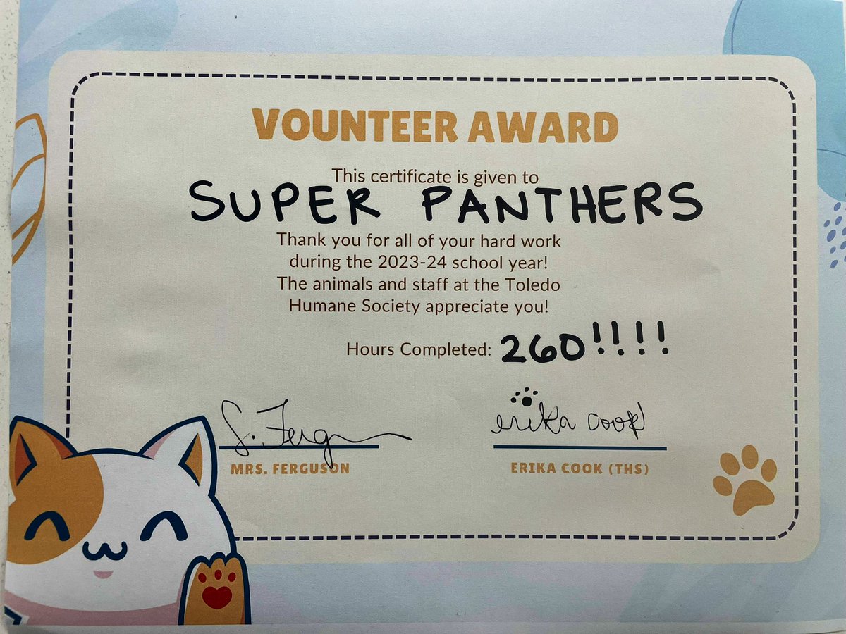 Big congrats to our #SuperPanthers who completed 260 hours of collective volunteer work for <a href="/ToledoHumane/">ToledoHumaneSociety</a> this school year 👏👏👏

#VolunteerLife 
#WeAreMaumee 

<a href="/maumee_schools/">Maumee City Schools</a> 
<a href="/mrs_cori_wagner/">Ⓒⓞⓡⓘ Ⓦⓐⓖⓝⓔⓡ</a>