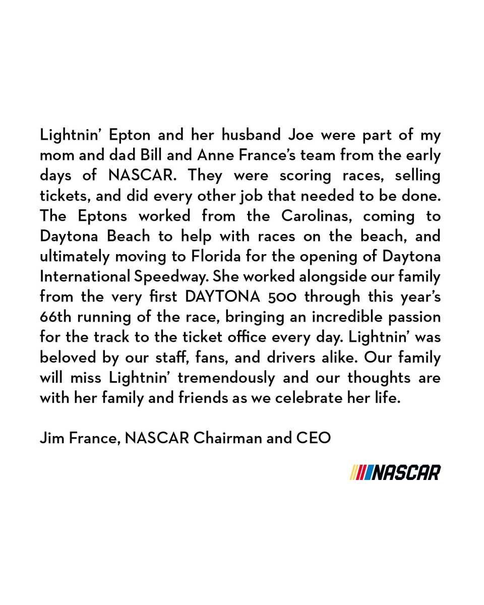 A statement from NASCAR Chairman and CEO Jim France on the passing of Juanita “Lightnin” Epton.