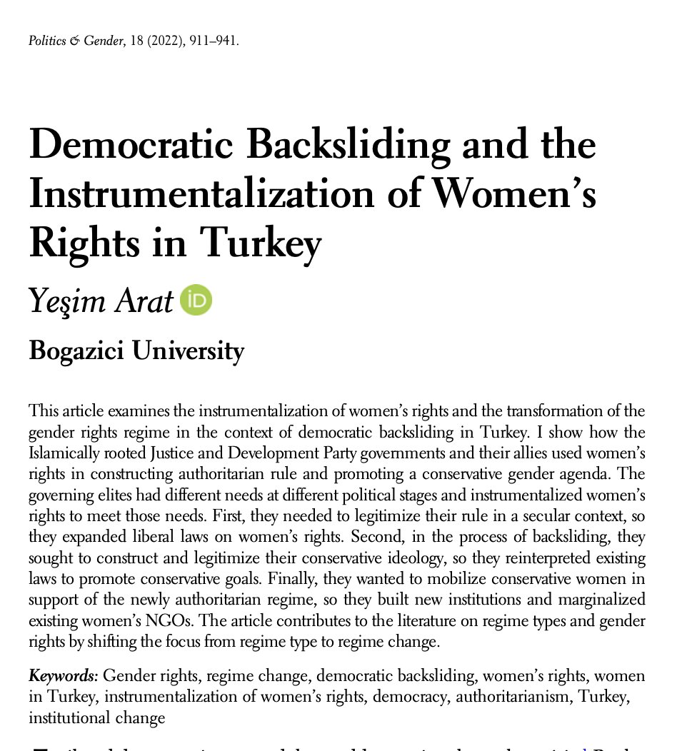 🏅In one of our most read articles this week Yeşim Arat  explores the dynamics of co-opting women's rights throughout the backsliding process in 'Democratic Backsliding and the Instrumentalization of Women's Rights in Turkey'  🌟Available #OpenAccess🌟 cambridge.org/core/journals/…
