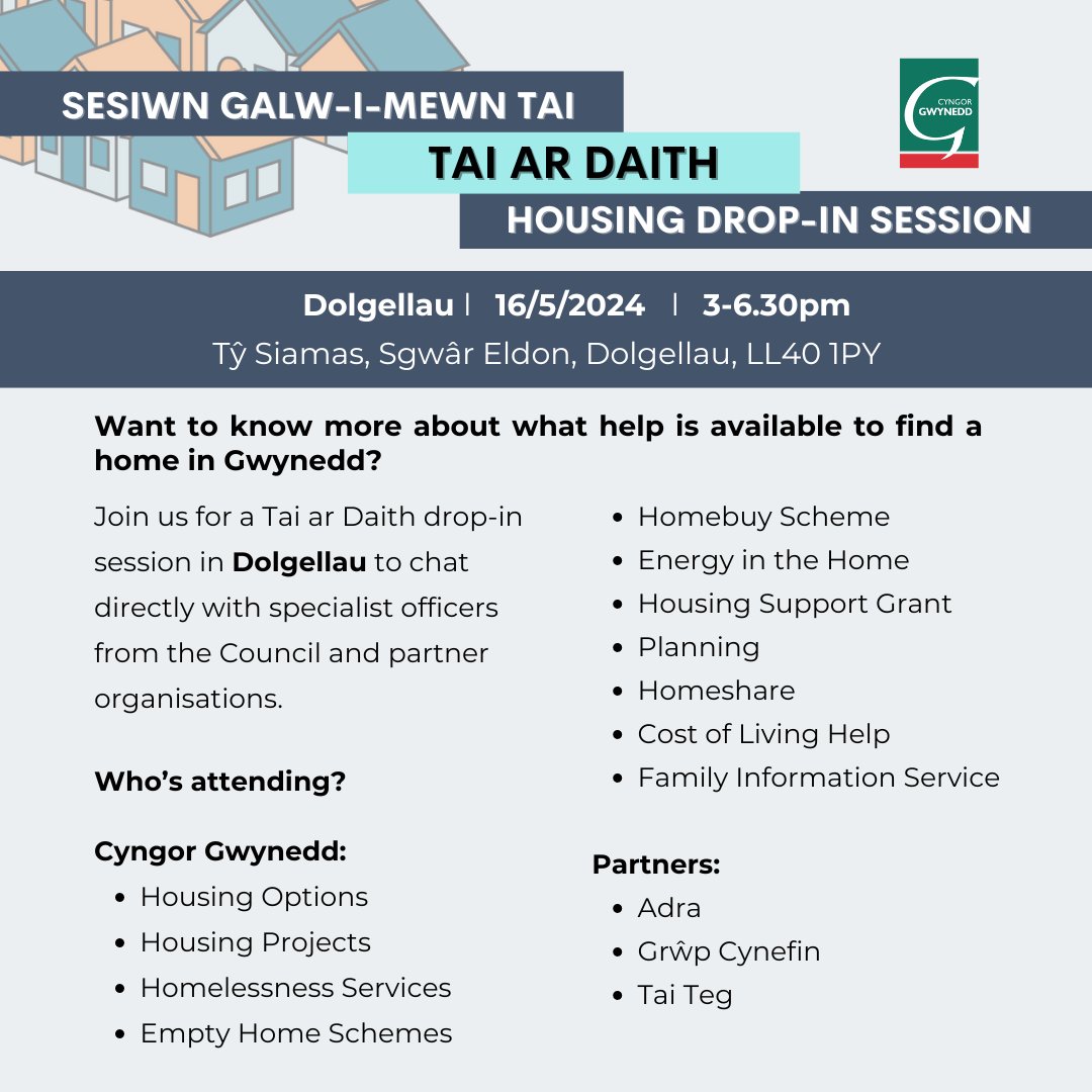 Tai ar Daith has started at Tŷ Siamas in Dolgellau and we're here until 6.30pm ✅ Find out more about the Council and partners’ housing schemes, including: 🏠 Housing projects 🏠 Grants and loans 🏠 Housing options And more... ➡️orlo.uk/aicN7