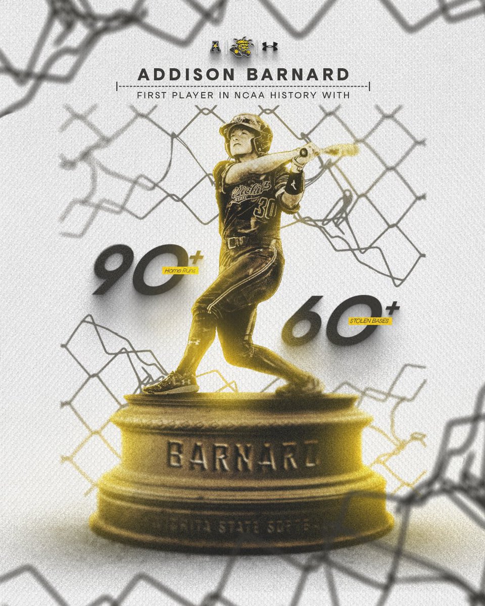 The list of players with 90+ HR and 60+ SB in 𝙉𝘾𝘼𝘼 𝙃𝙄𝙎𝙏𝙊𝙍𝙔: 𝟏. Addison Barnard That's the list. 🐐 @addieb30 x @NCAASoftball