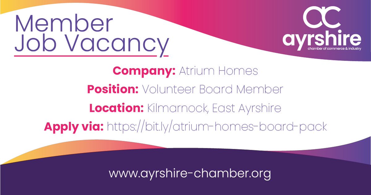 **Member Job Vacancy** Atrium Homes are recruiting for a Volunteer Board Member. 🌏 Kilmarnock, East Ayrshire To apply, or for further information, please click the below link 👇🏻 bit.ly/atrium-homes-b… #Ayrshire #JobsInScotland