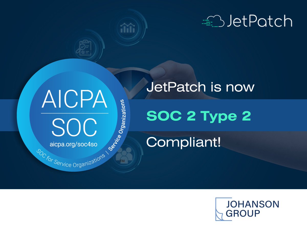 JetpatchCloud's tweet image. We&apos;re thrilled to announce we&apos;re now SOC 2 Type 2 compliant, with a perfect audit report! 

This certification is a testament to our steadfast dedication to maintaining the highest standards of data security and operational integrity.

#dataprotection  #compliance #SOC2Type2