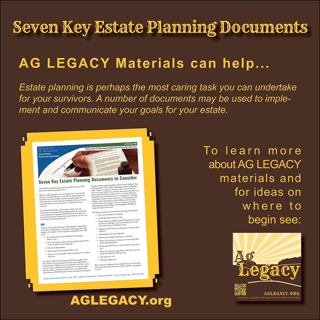 Seven Key Estate Planning Documents
#AGLEGACY #FarmSuccession #EstatePlanning

Estate planning is perhaps the most caring task you can undertake for your survivors.