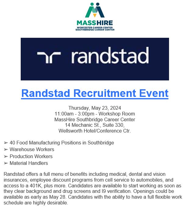 5/23, 11AM - 3PM @masshirecenter #southbridge: @RandstadUSA recruiting event for #food manufacturing, #warehouse, #production, and #materialhandlers. Register: jobquest.dcs.eol.mass.gov/JobQuest/NewEv… @jobquest @MAWorkforce #jobs #hiringalert #employment