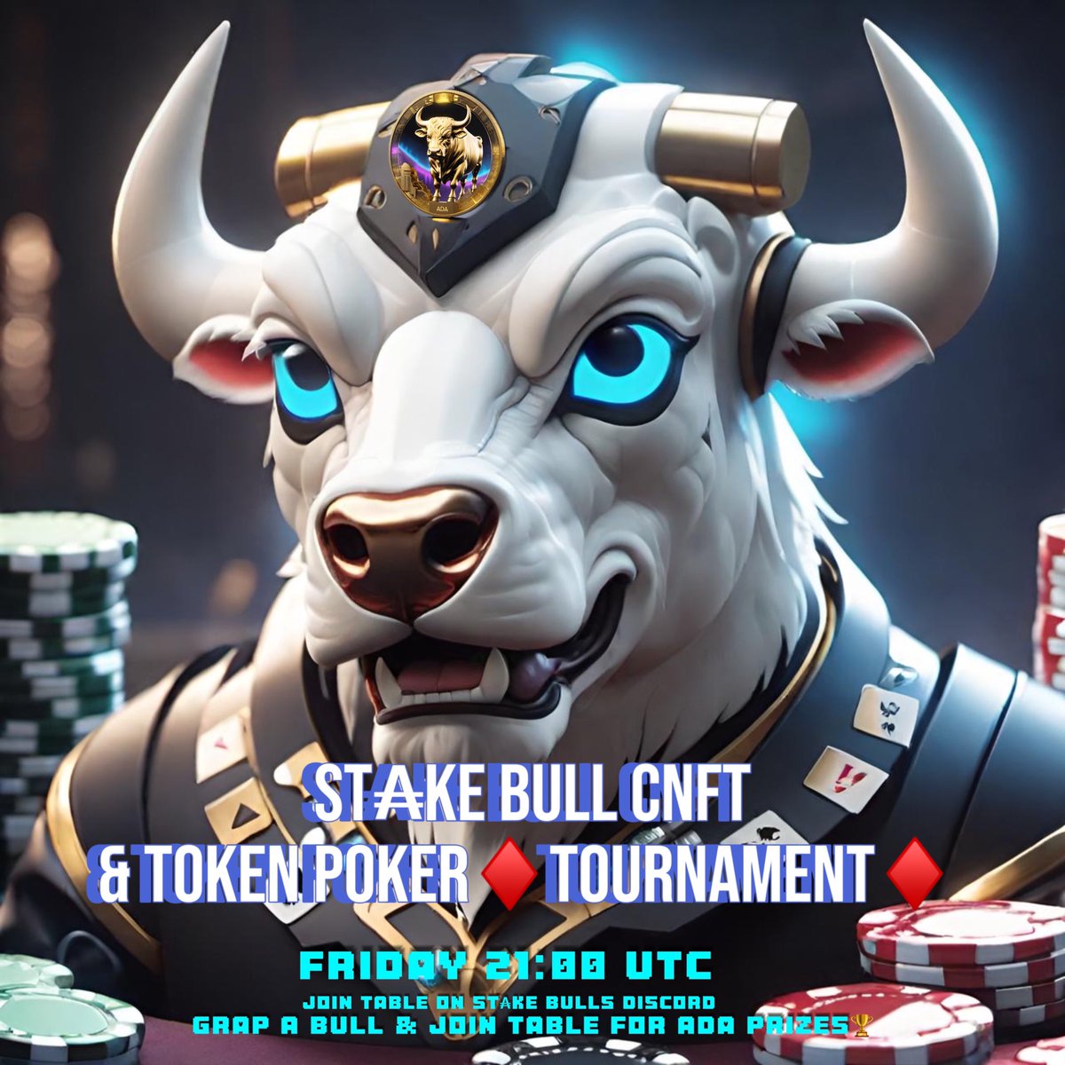 Stake Bull Poker♦️Tournament 
Poker Bulls or New Bulls🖼️🏆🪙

If You Want To Join &amp; Play Poker Friday At 21 UTC!

Just Join Stake Bull Server

We Throw A lvl1 Bull On The Pot For The Winners!

And Ada &amp; Tokens♦️🏆♦️ 

discord.gg/t7sCGen6hM 

<Prices &amp; Tournements♦️On Discord>