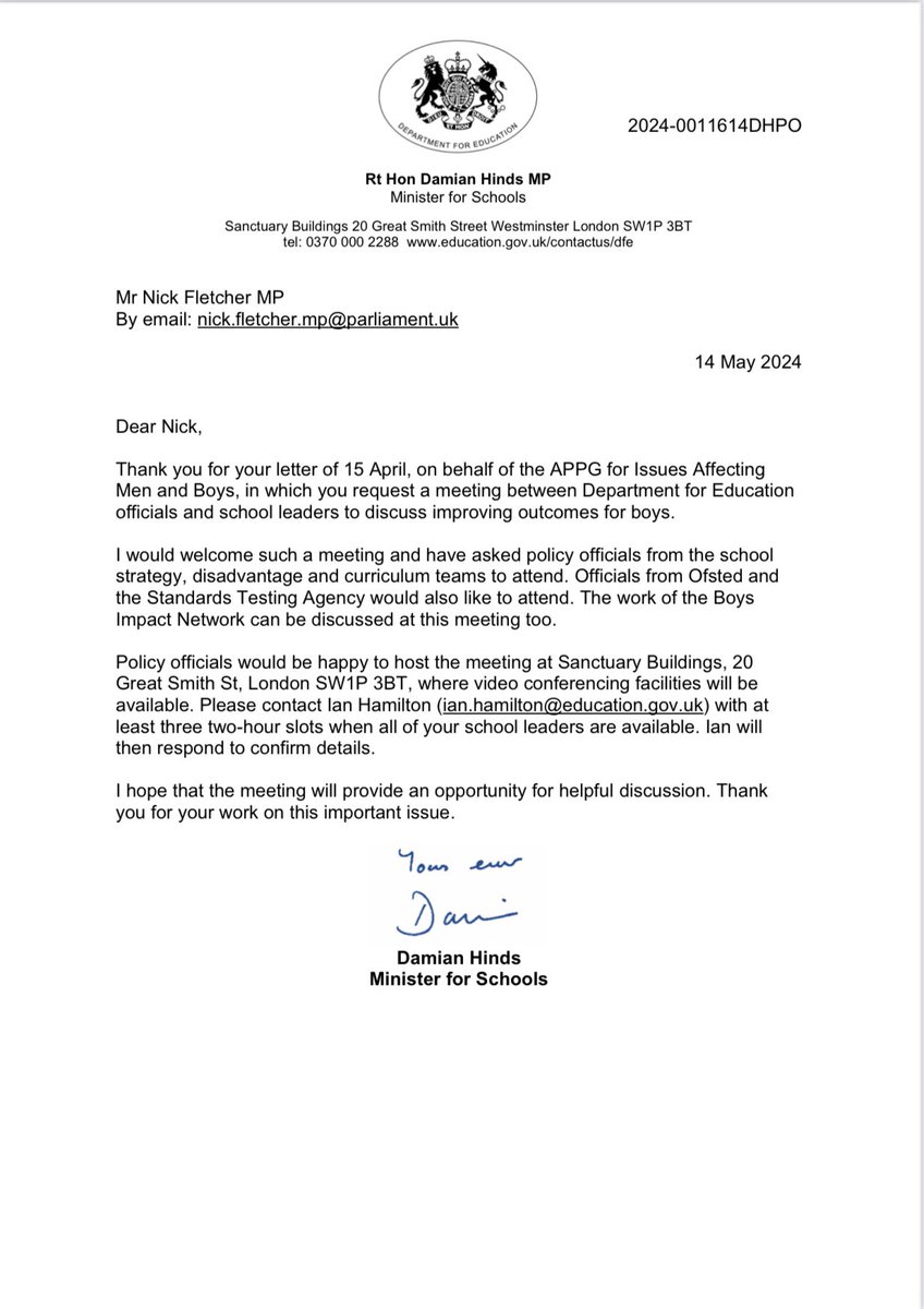 BOYS' EDUCATION MEETING Another great success and positive progress being made on boys' education in my capacity as Chair of @APPGMenBoys and as a Member of @CommonsEd. The Minister @DamianHinds MP has agreed to meet with me and requested that his @educationgovuk officials