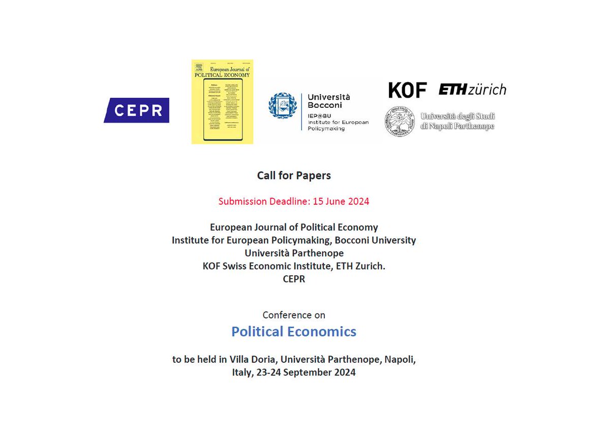 Happy to announce the @cepr_org EJPE Conference on Political Economics in Napoli, Italy, on September 23-24 2024. #EconTwitter Apply here by June 14: cepr.org/events/ejpe-ce…