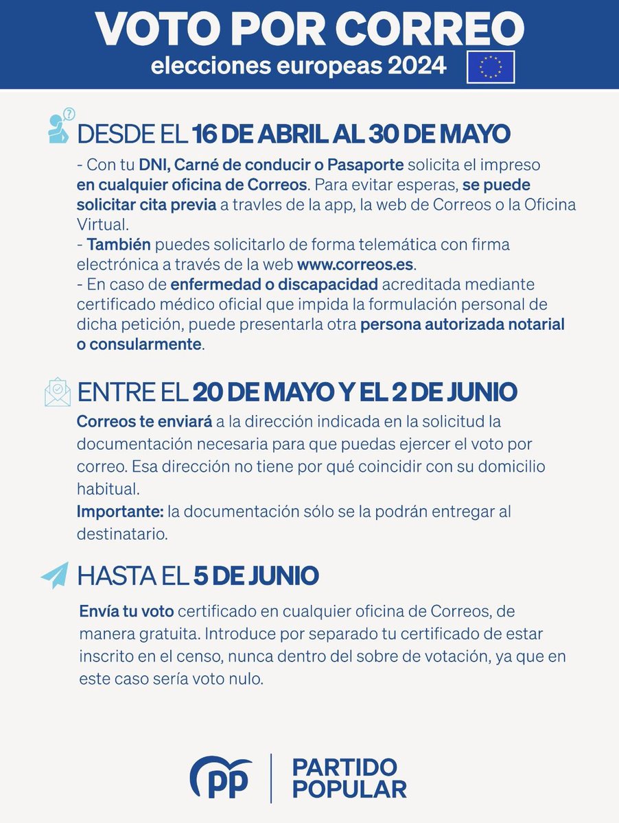 ¡Atención! 📮 🔵 ¿Estarás fuera el próximo 9 de junio? 🗳️ Te explicamos cómo solicitar el voto por correo 👇