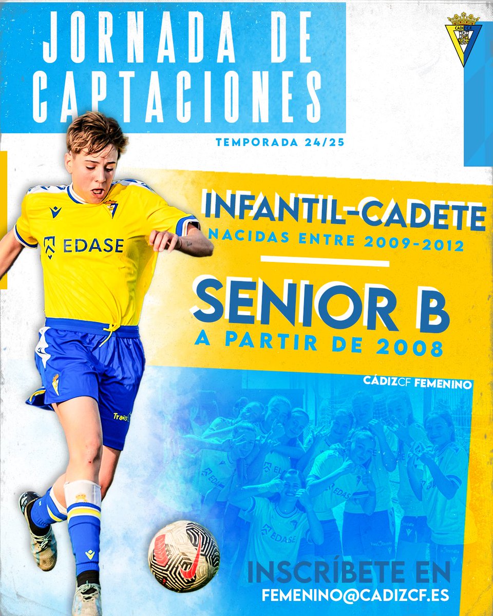 🌟 ¡Únete al @Cadiz_CFFem y demuestra tu talento en nuestras jornadas de captación! ⚽️ Descubre tu potencial y forma parte del futuro del fútbol femenino con el @Cadiz_CF 💛💙 ✉️ Inscríbete en femenino@cadizcf.es cadizcf.com/noticias/el-ca…