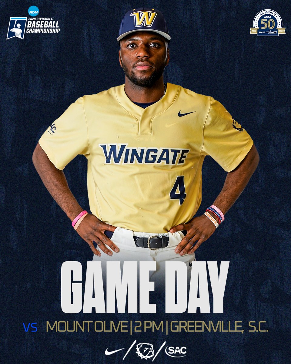 GAMEDAY for @WingateBaseball ⚾️ !! 🆚 @UMOAthletics 📍 Tigerville, SC ⏰ 2 PM (NCAA Regionals) 📽️ shorturl.at/KLY23 📊 shorturl.at/uMPZ4 📰 shorturl.at/iyDHP #OneDog | #WUBSB