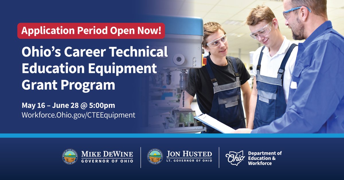 The second round of Ohio’s Career Technical Education Equipment Grant Program is now open. This is a great opportunity for more schools to offer Career Tech Education in Ohio. Learn more and apply today at Workforce.Ohio.gov/CTEEquipment.