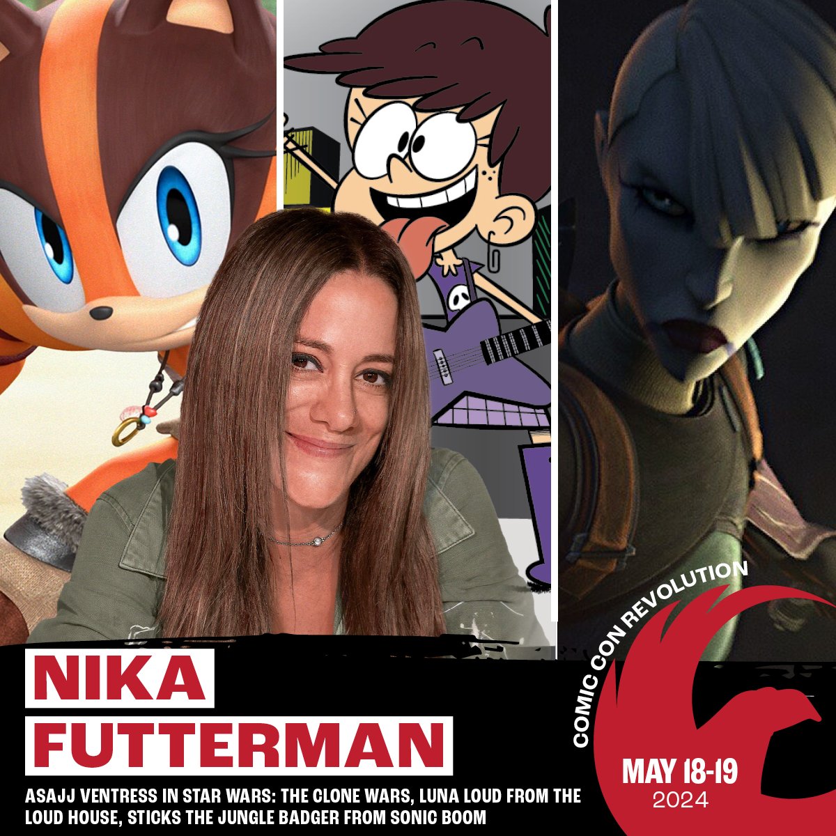 💥 GUEST ALERT! Nika Futterman, the voice of fan favorite #AsajjVentress, is coming to #ComicConRevolution! Also known for her roles as Luna Loud, Sticks the Jungle Badger & more you can meet her all weekend! Tickets: CCRTix.com #comiccon #ontariocalifornia #socal