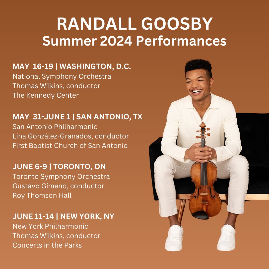 🎻 @RandallGoosby performs Mendelssohn’s Violin Concerto this summer with 4 orchestras! He plays under Thomas Wilkins’s baton with the National Symphony Orchestra @NatSymphonyDC and New York Philharmonic @NYPhil, San Antonio Philharmonic @SAPhilharmonic led by Lina