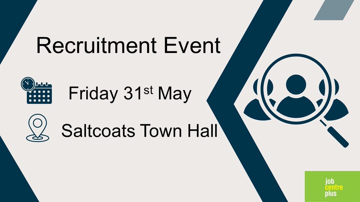 Inviting #Employers to join @JCPinScotland #RecruitmentEvent on:

Friday 31st May 10am-12:30pm

Saltcoats Town Hall
18-20 Countess Street
#Saltcoats
KA21 5HP

To book a table please email: northayrshirerecruitment.northayrshirerecruitment@DWP.GOV.UK

#AyrshireJobs