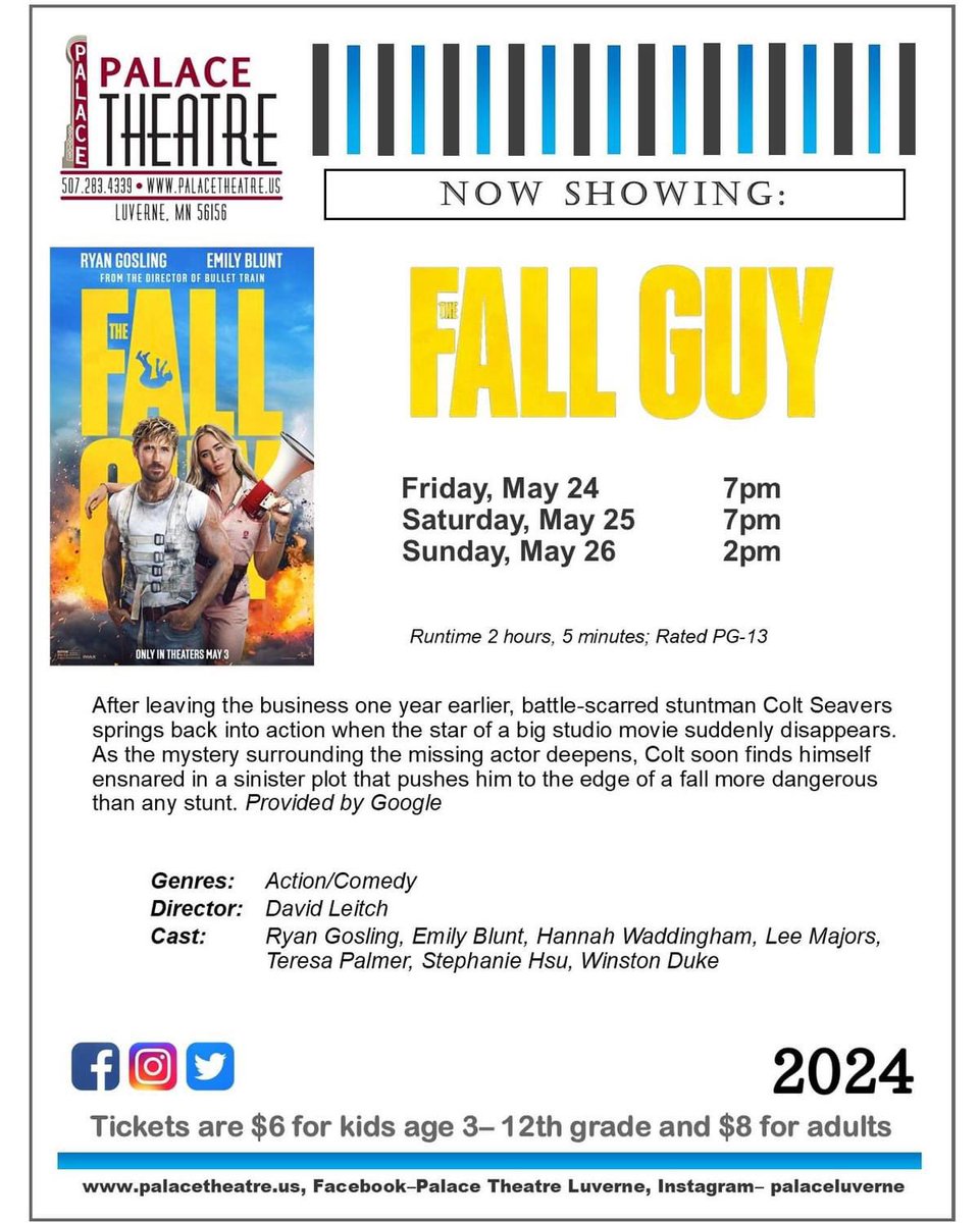 Upcoming events:

Friday-Sunday, May 17-19
Movie- “Challengers”

Thursday, May 23
Afternoon Escape Movie- “Unsung Hero”

Friday-Sunday, May 24-26
Movie- “The Fall Guy”

#palaceevents #luverneevents #luvthelife #ChallengersMovie #UnsungHeroMovie #TheFallGuy #TheFallGuyMovie