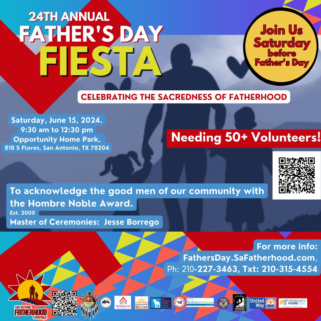 To honor the essence of fatherhood, we're thrilled to invite you and your family to our Annual Father’s Day Fiesta! We need your helping hands from 8:30 am - 1 pm, or any time that suits you. Help out with vendor support, client assistance, organizing raffle prizes, and more!