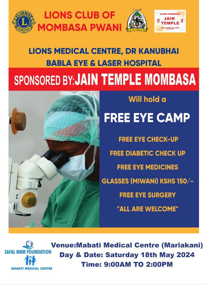 This Saturday Safal MRM Foundation in partnership with the Lions Club of Mombasa Pwani will host a FREE Eye Camp from 9am- 2pm

In case you know someone in need of specialist eye treatment, please notify them about the camp. All medical services will be free. 
#visionhealthmonth