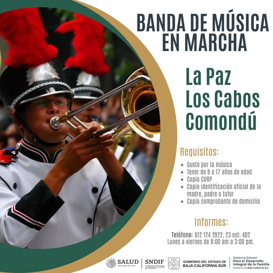 #Entérate I Continúan las clases para la Banda de Música en Marcha de La Paz, Los Cabos y Comondú.
Conoce los requisitos e inscríbete📷