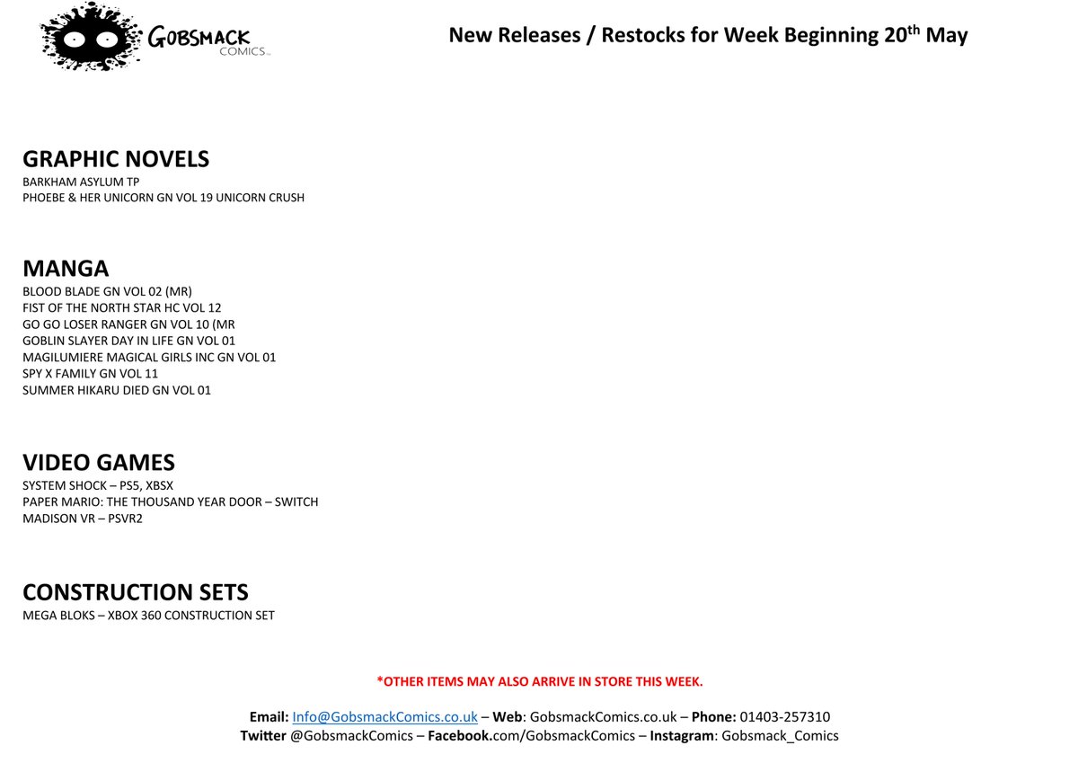 Here is next weeks line-up of goodies. If you fancy anything get in touch. #GraphicNovels #horsham #horshambusiness #horshamsmallbusiness #shophorsham #visithorsham #swanwalk #swanwalkhorsham #horshamandcrawley #Manga #MangaShop #VideoGameShop