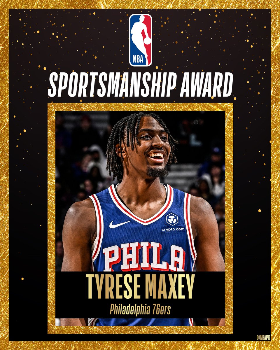 Philadelphia 76ers guard Tyrese Maxey is the recipient of the Joe Dumars Trophy for winning the 2023-24 NBA Sportsmanship Award.