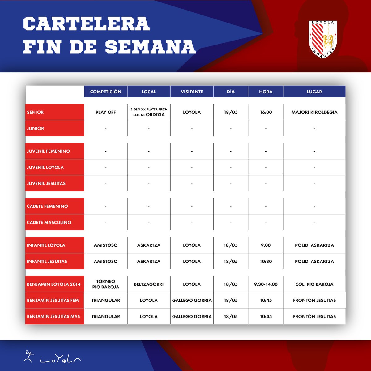 🗓️ #CARTELERAFINDESEMANA

Aquí os dejamos la cartelera de este fin de semana. Mucha suerte a todos los equipos.

¡A darlo todo y a disfrutar! 💪🏻💪🏻🤾 ♥️💙