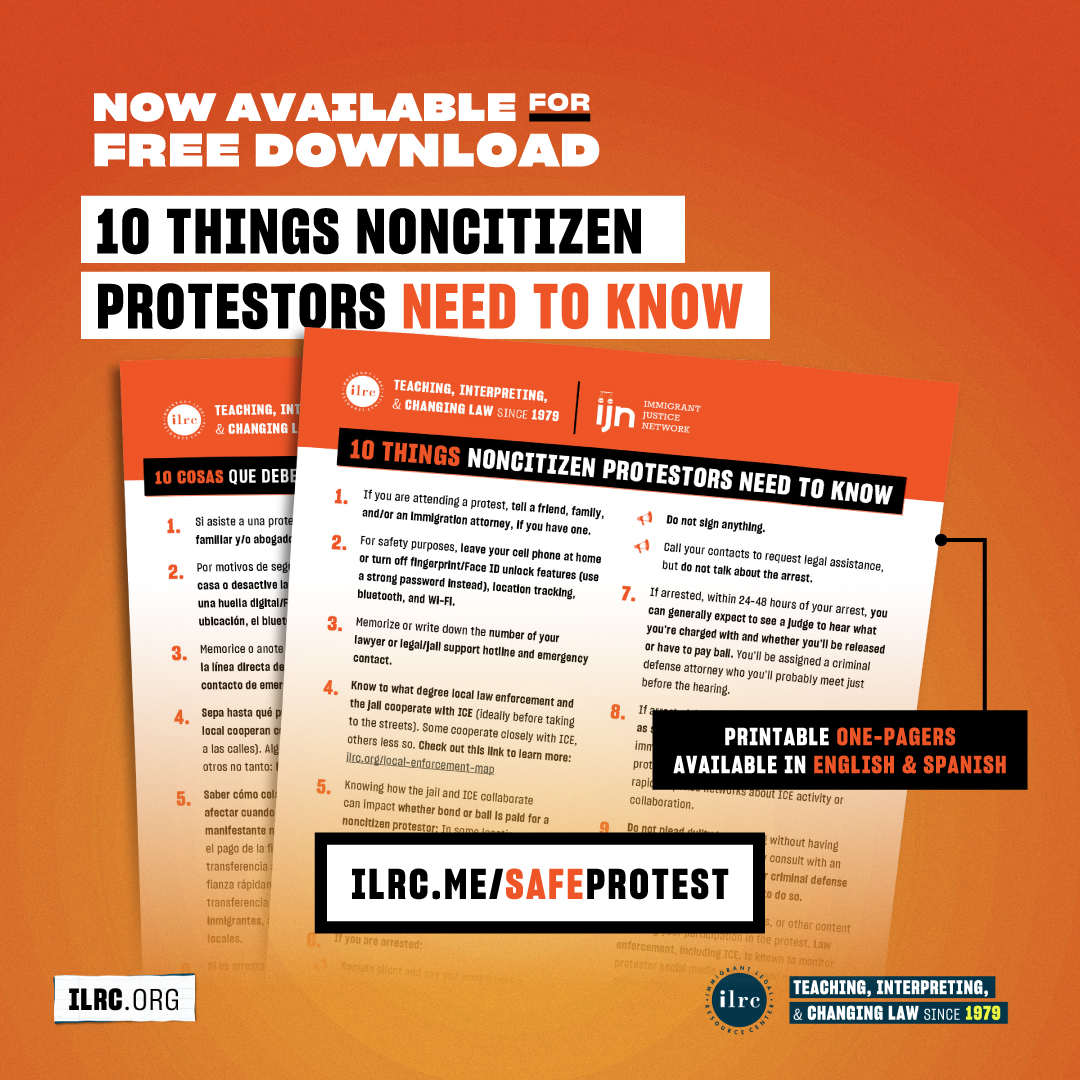 We heard you! Our 10 Things for Noncitizen Protestors information is now available in PDF form for easy downloading and printing 🖨️ Head to ilrc.me/safeprotest to find this one-page flyer in English and Spanish 🔗
