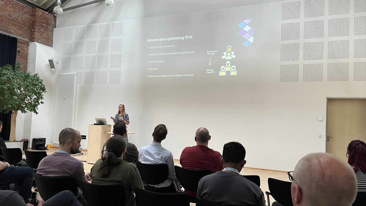 <a href="/PaulienvanEijk/">Paulien</a> delivering her talk at <a href="/DataGrillen/">DataGrillen</a> on #PowerBI Governance and Adoption. 
Not only serving great content, but also handing out beers to attendees when they enter the room