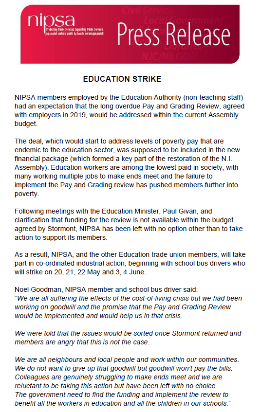 nipsa's tweet photo. EDUCATION STRIKE 

@NickDMathison @PatSheehanMLA @danielbakersf @DavidBrooksMLA @RobbieButlerMLA @CaraHunterSDLP @CathyMasonSF @KateNicholl @paulgivan @allianceparty @duponline @pb4p @SDLPlive @sinnfeinireland @TUVonline @uuponline https://t.co/ul1zQmNKQZ