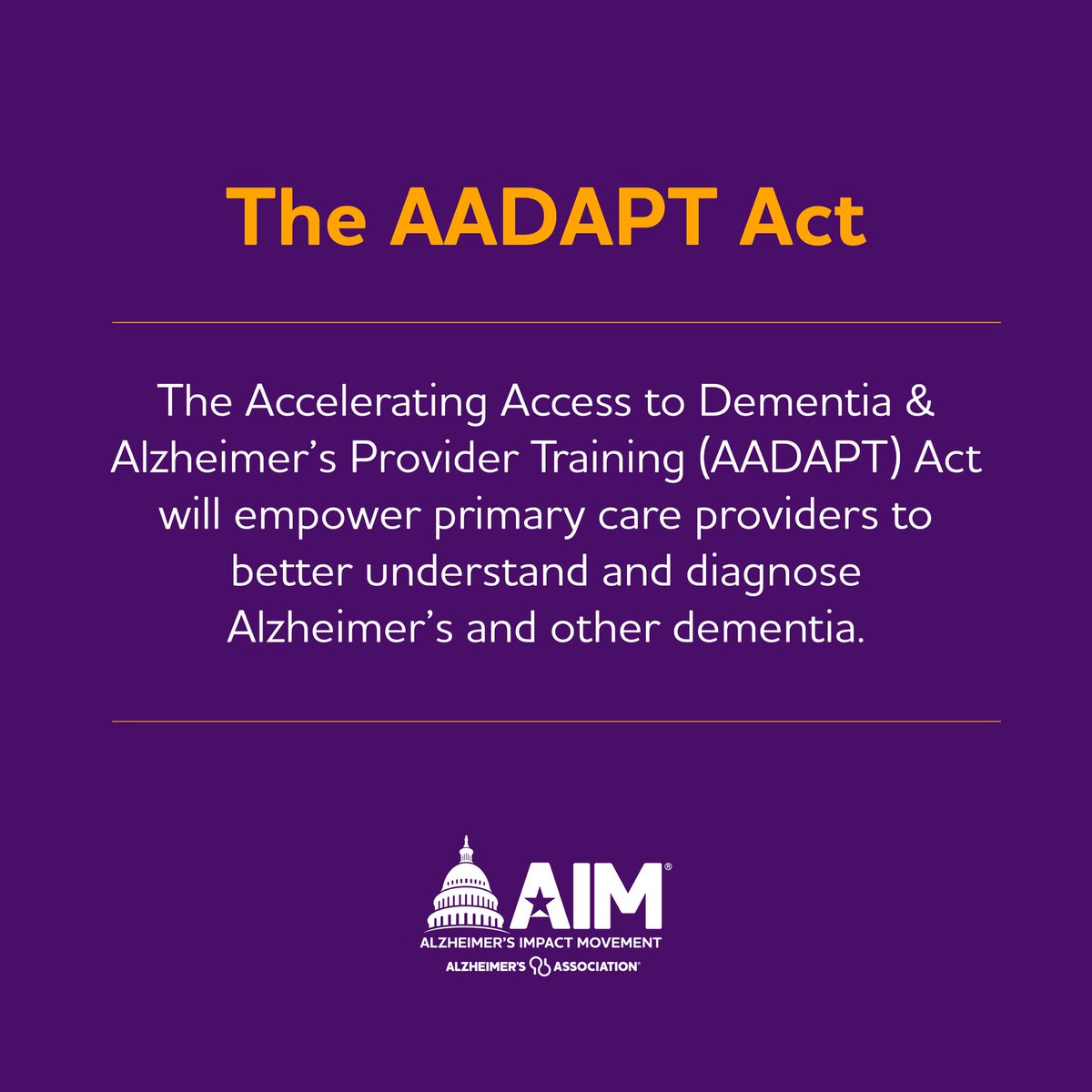 Only 50% of those living with Alzheimer's are aware of their diagnosis. The #AADAPTAct would help primary care physicians better detect and diagnose Alzheimer’s and other dementia. Tell @RepMattGaetz to support this legislation today: p2a.co/rn9Vm6r