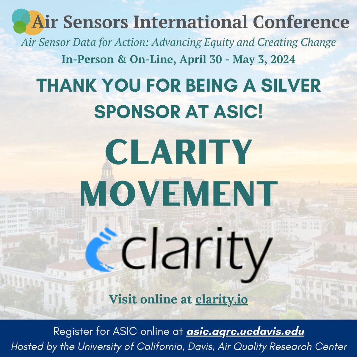 UC Davis Air Quality Research Center (@ucdavisaqrc) on Twitter photo Thank you again to Clarity for being a silver sponsor at ASIC California 2024! Learn more about them at clarity.io.
<a href="/JoinClarity/">Clarity Movement</a> #ASIC2024 #airquality #airsensors #lowcostsensors #airpollution #communityscience Thank you again to Clarity for being a silver sponsor at ASIC California 2024! Learn more about them at clarity.io.
<a href="/JoinClarity/">Clarity Movement</a> #ASIC2024 #airquality #airsensors #lowcostsensors #airpollution #communityscience