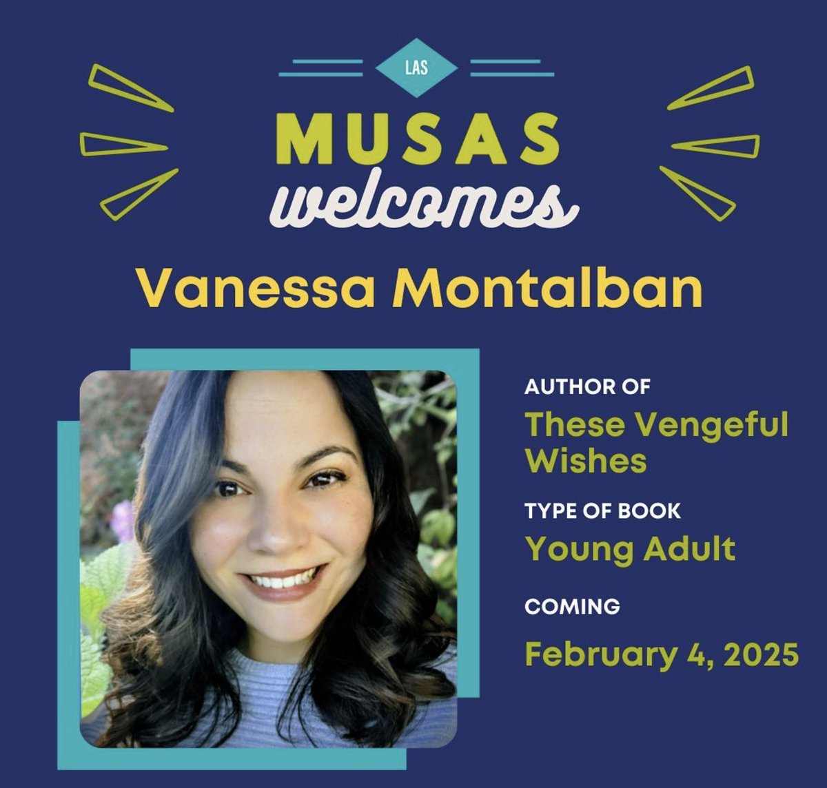 Join us in welcoming New Musa @VVMontalban! 🎉 

Fueled by espresso, Miami-born Vanessa channels her wanderlust into writing speculative fiction for teens. A summa cum laude Creative Writing grad from UCF, she's the author of THESE VENGEFUL WISHES. 🌟

¡Bienvenida!

#kidlit #ya