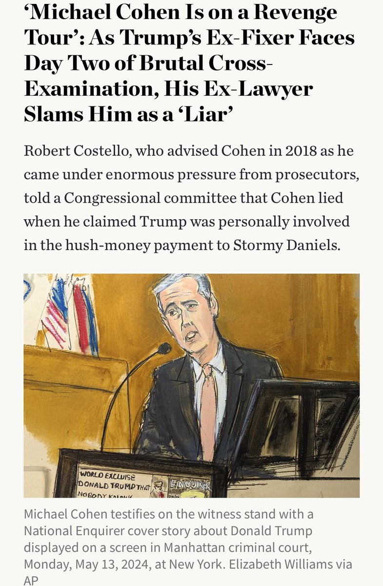 @Travis_4_Trump Michael Cohen, the key witness in President Trump’s ongoing hush-money trial, whose testimony has not yet finished, is already being accused of lying by the lawyer with whom he consulted extensively in 2018 as his legal predicament deepened. “I read Michael Cohen’s testimony from
