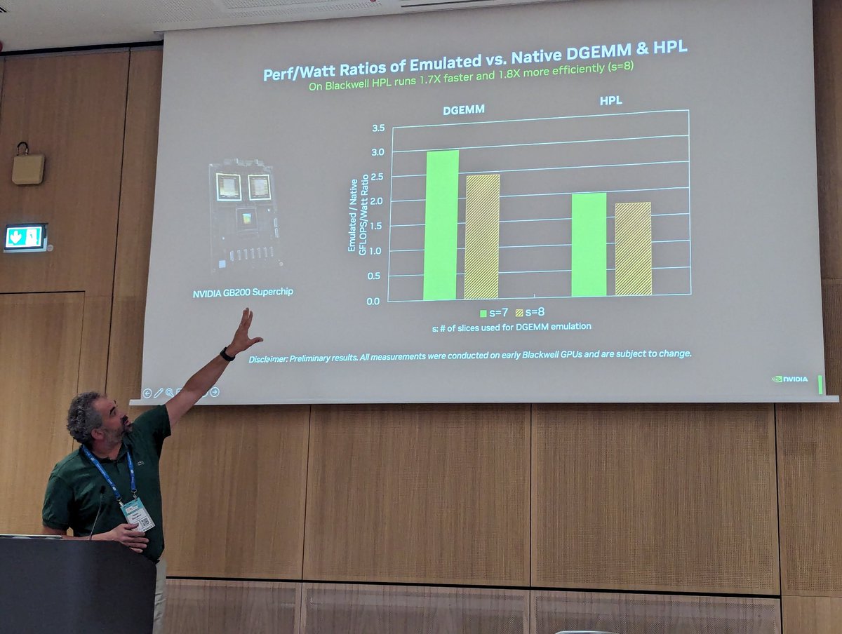 ernstdj's tweet image. In the #ISC24 Future of Benchmarking workshop, my colleague Harun talking about how innovative algorithms can make FP64/32 GEMMs more energy efficient on Blackwell.