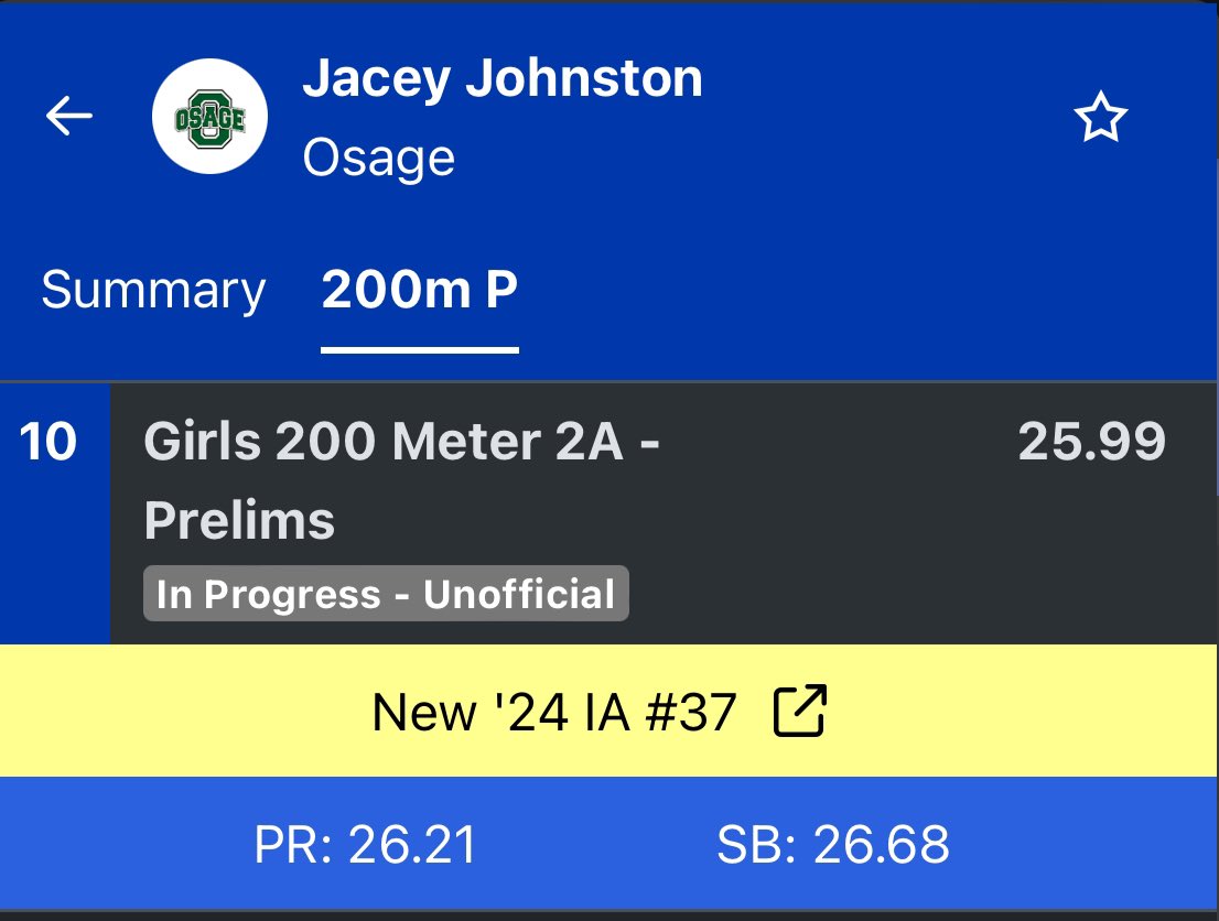 Jacey Johnston runs a 0.75 second PR in the 200 Meter Dash to finish 10th overall - missing finals by .09 seconds! Great racing Jacey!
<a href="/MrsSchwamman/">Barb Schwamman</a> <a href="/OsageAthletics/">Osage Athletics</a>