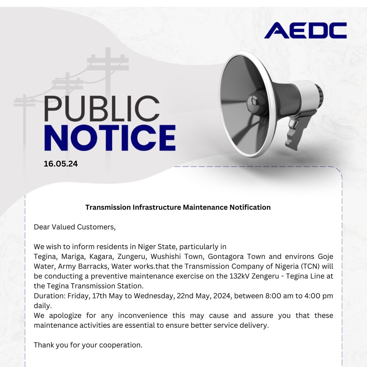 Dear Customers, This is for your information. 
#AEDC #Abujadisco 
#PowerofCommitment