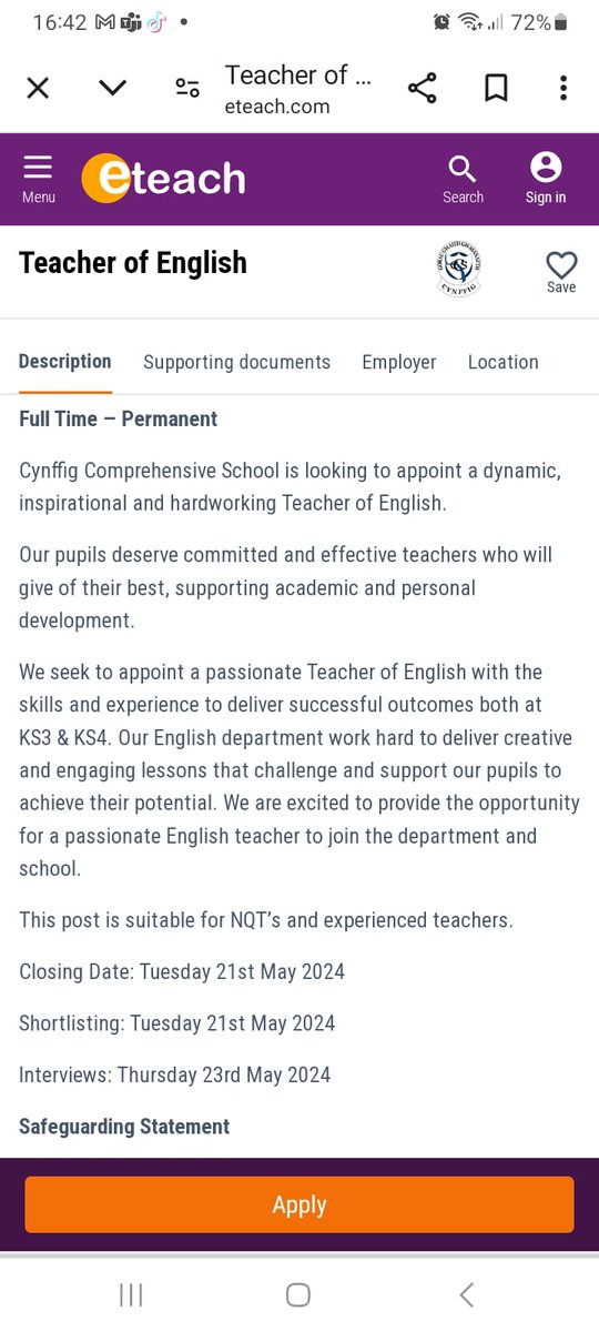 For anyone interested in joining our dynamic English teaching team at Cynffig. Click in the post below