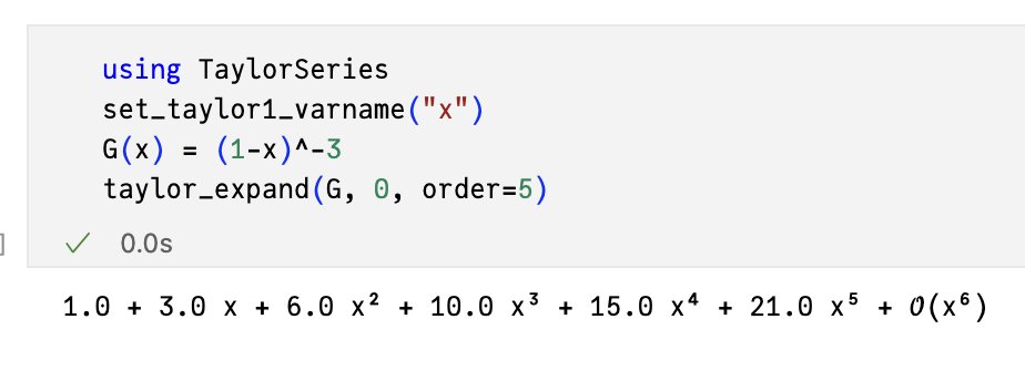 #julialang テーラー展開のパッケージ TaylorSeries.jlを使ってみました。お手軽な感じです。
これで，いろいろな母関数の計算もサッとできそうです。