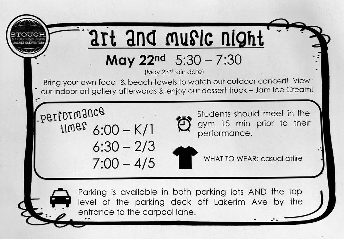 Mike McCue (@mrmccueart) on Twitter photo Art & Music Night ‘24 updated memo. The countdown is on! 🎨 🎵🎨🎵🎨🎵 <a href="/StoughStallions/">Stough Magnet Elementary School</a> Art & Music Night ‘24 updated memo. The countdown is on! 🎨 🎵🎨🎵🎨🎵 <a href="/StoughStallions/">Stough Magnet Elementary School</a>