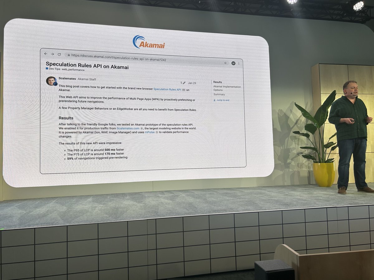 The Speculation Rules API talk from @tunetheweb was my highlight of #GoogleIO and a must see if you care about #webperf Impressive production results from several Akamai Technologies customers can be seen. io.google/2024/explore/2…