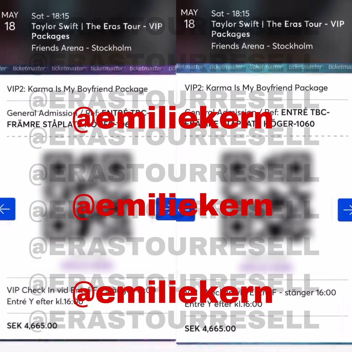 Selling FOUR (4) VIP GA FLOOR ticket to the show in Stockholm at Friends Arena on 18 May 2024 💌 Selling for 18,660 SEK / $1,720 USD TOTAL 💌 DM @emiliekern if interested (tickets and price have been verified) 💌 ONLY USE PAYPAL G&S‼️ 🏷 Eras Tour, Taylor Swift