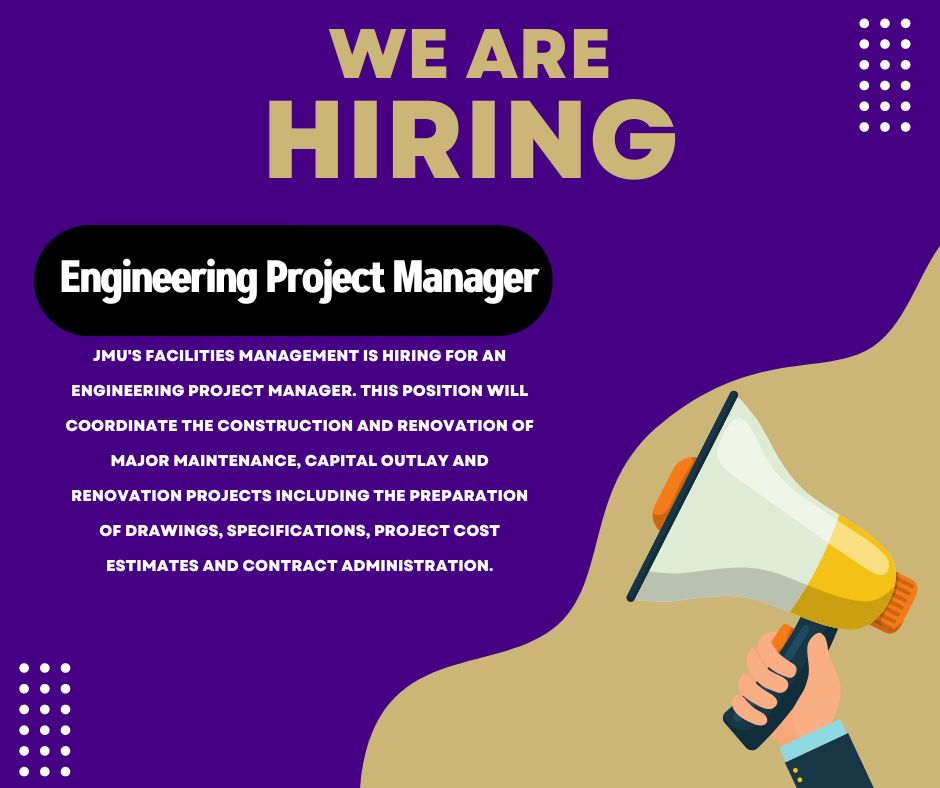 JMUJobs's tweet image. JMU is currently accepting applications for a Engineering Project Manager!
Apply now for this opportunity: jobs.jmu.edu/.../engineerin…...
#JMU #Jobs #JMUJobs #NowHiring #JamesMadisonUniversity #engineeringjobs #FacilitiesManagement