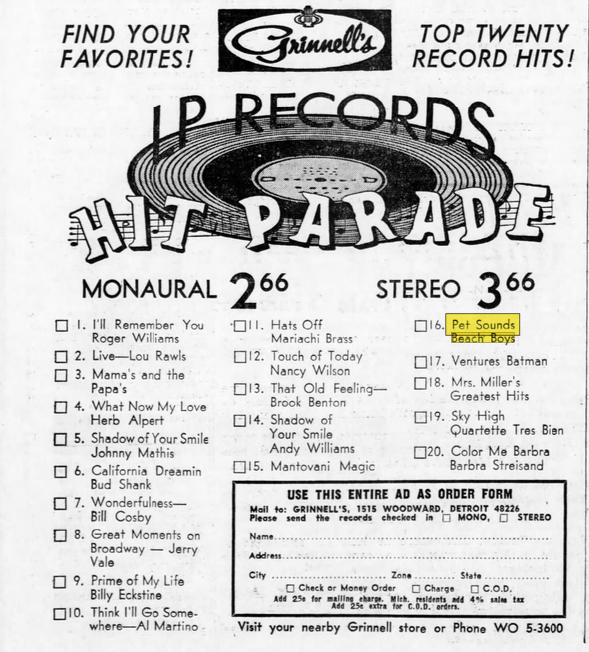May 16, 1966: The Beach Boys release 'Pet Sounds,' and you can get it in stereo at Grinnell's in Detroit for $3.66.