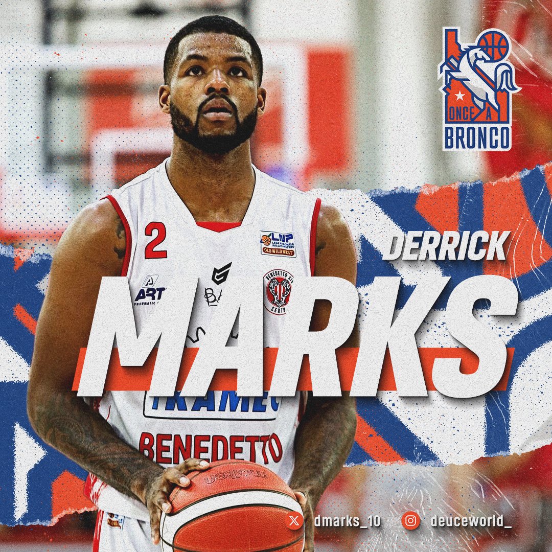 BREAKING NEWS: PLAYER ANNOUNCEMENT -- Please welcome @dmarks_10 to @onceabronco for @thetournament this summer! Derrick was the 2015 MW POY and played in 2 NCAA Tournaments for @BroncoSportsMBB. He just finished his 9th pro season with @rbrrimini in Italy. Welcome, Derrick!