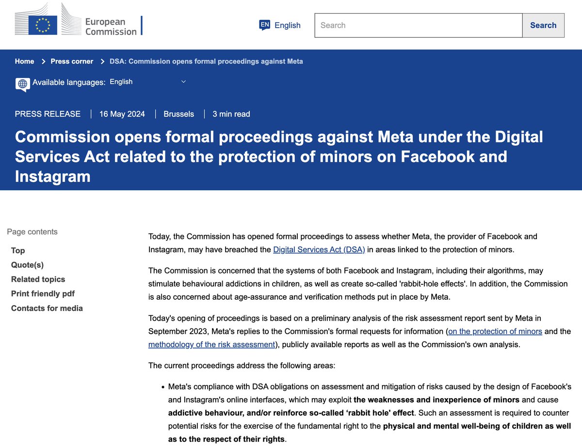 🚨 BREAKING: The EU Commission opens formal proceedings against Meta under the Digital Services Act (DSA). Here's what you need to know: ➡ The proceedings are related to the protection of minors on Facebook and Instagram. According to the official release from the EU