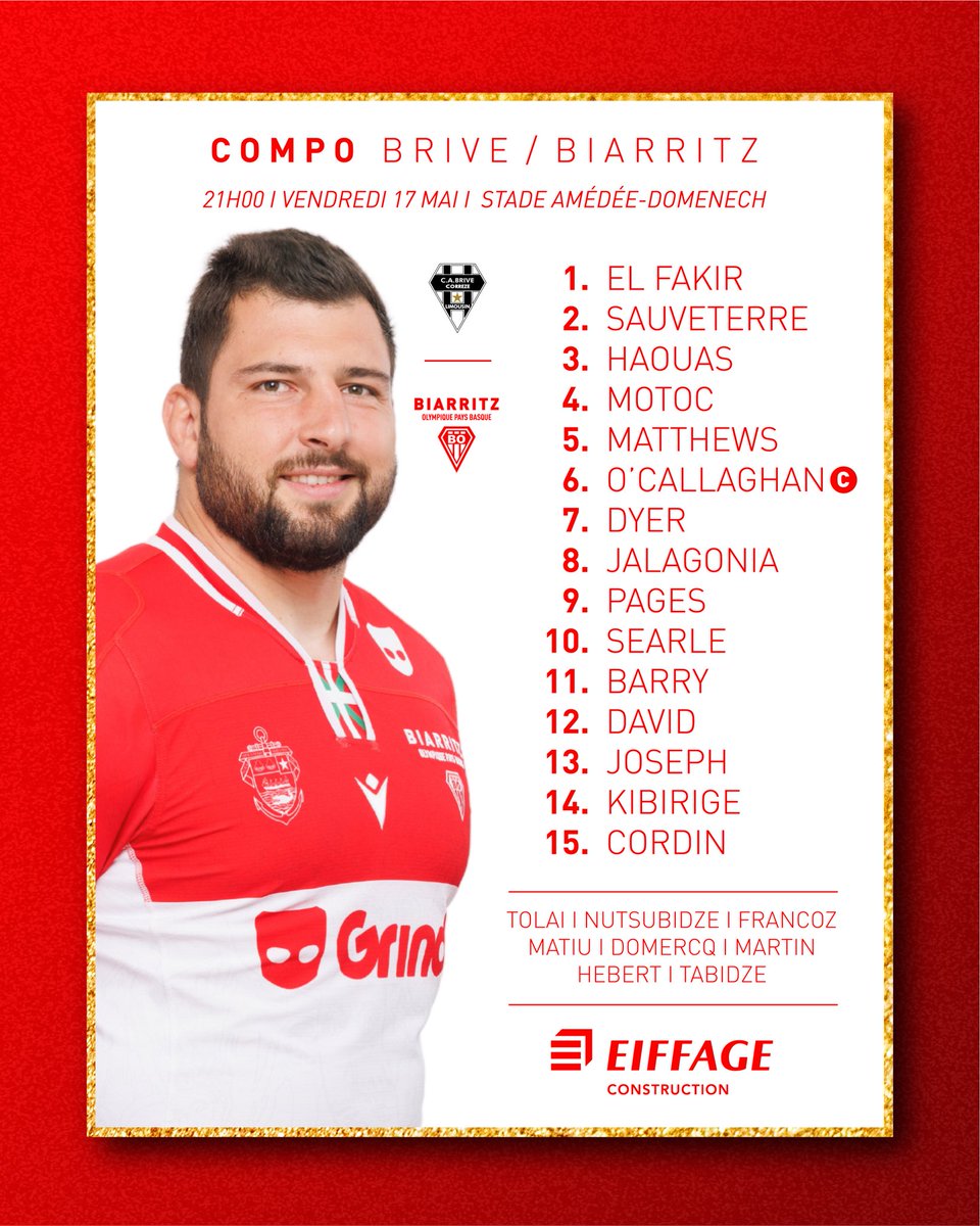 Eiffage Construction vous présente le XV de départ pour notre J30 face à Brive

Aupa 🅱️🅾️ !

#BO #BOPB #BiarritzOlympique #BiarritzOlympiquePaysBasque #Rugby #ProD2 #PaysBasque